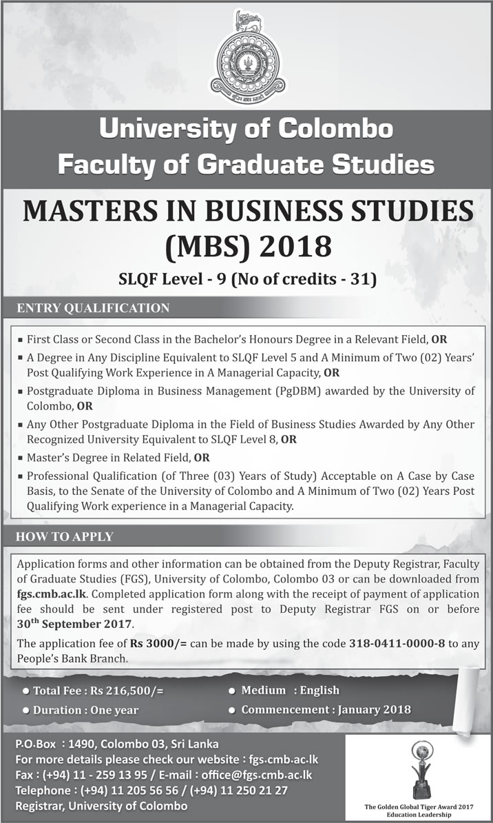 Masters in Business Studies (MBS) 2018 - Faculty of Graduate Studies - University of Colombo